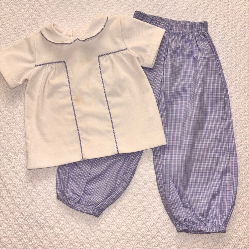 Alice Kathleen boy 2/3 custom ivory white corduroy shirt plaid bubble pants